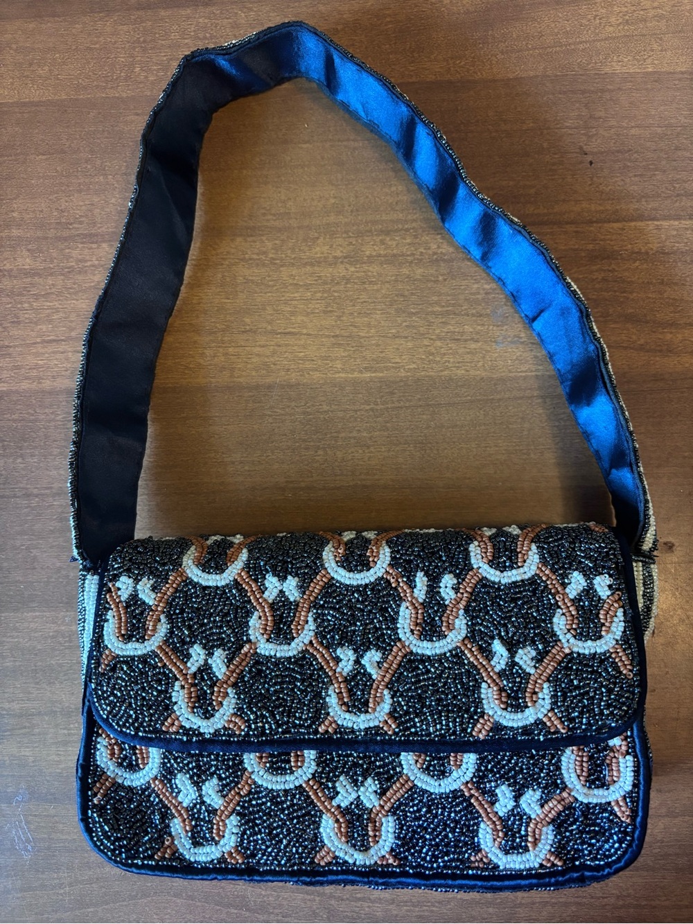 Rachel Zoe Beaded Pattern Shoulder Bag in Navy, Brown and Cream